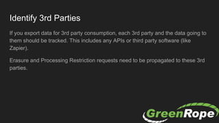 Identify 3rd Parties
If you export data for 3rd party consumption, each 3rd party and the data going to
them should be tracked. This includes any APIs or third party software (like
Zapier).
Erasure and Processing Restriction requests need to be propagated to these 3rd
parties.
 