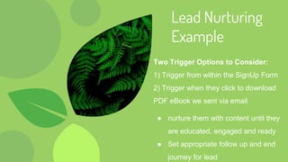 Lead Nurturing
Example
Two Trigger Options to Consider:
1) Trigger from within the SignUp Form
2) Trigger when they click to download
PDF eBook we sent via email
● nurture them with content until they
are educated, engaged and ready
● Set appropriate follow up and end
journey for lead
 