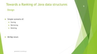 Towards a Ranking of Java data structures
greenlab.di.uminho.pt
9
Design
 Simple scenario of:
 Storing
 Retrieving
 Deleting
 String values
 