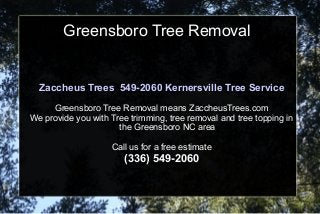 Greensboro Tree Removal
Zaccheus Trees 549-2060 Kernersville Tree Service
Greensboro Tree Removal means ZaccheusTrees.com
We provide you with Tree trimming, tree removal and tree topping in
the Greensboro NC area
Call us for a free estimate
(336) 549-2060
 