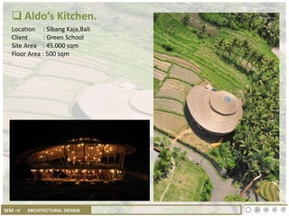 SEM –V ARCHITECTURAL DESIGN
 Aldo’s Kitchen.
Location : Sibang Kaja,Bali
Client : Green School
Site Area : 45.000 sqm
Floor Area : 500 sqm
 