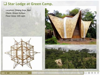 SEM –V ARCHITECTURAL DESIGN
 Star Lodge at Green Camp.
Location: Sibang Kaja, Bali
Client: Green School
Floor Area: 145 sqm
 