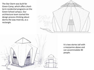The Star Dorm was built for
Green Camp, which offers short-
term residential programs on the
Green School campus. Our
architecture team started the
design process thinking about
dorms the way most do, as a
rectangle.
It is two stories tall with
a mezzanine above and
can accommodate 40
people.
 
