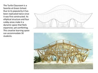 The Turtle Classroom is a
favorite at Green School.
Due to its popularity it has
been replicated twice since
it was first constructed. Its
elliptical structure and four
cubby areas make it a
dynamic space that feels
expansive, yet comforting.
This creative learning space
can accommodate 30
students.
 