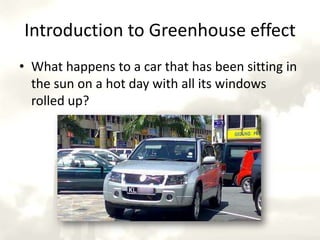 Introduction to Greenhouse effectWhat happens to a car that has been sitting in the sun on a hot day with all its windows rolled up?