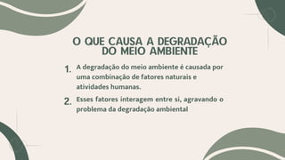 O QUE CAUSA A DEGRADAÇÃO
DO MEIO AMBIENTE
A degradação do meio ambiente é causada por
uma combinação de fatores naturais e
atividades humanas.
1.
Esses fatores interagem entre si, agravando o
problema da degradação ambiental
2.
 