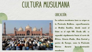 CULTURA MUSULMANA
CULTURA MUSULMANA
UBICACIÓN:
UBICACIÓN:
La cultura musulmana tiene su origen en
la Península Arábica, específicamente
en Arabia Saudita, donde nació el
Islam en el siglo VII. Desde allí, se
expandió rápidamente hacia el norte de
África, Oriente Medio, Asia Central y
partes de Europa, como la Península
Ibérica durante la dominación
musulmana
 