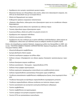 ΤΑ ΠΡΑΣΙΝΑ ΕΠΑΓΓΕΛΜΑΤΑ ΣΤΗΝ ΕΛΛΑ∆Α
και οι νέες απαιτούµενες δεξιότητες
37
• Εργαζόµενος στην εµπορία, εγκατάσταση φυσικού αερίου.
• Μηχανικός δικτύων και ηλεκτρολόγος νέας εποχής, ειδικοί στην εξοικονόµηση ενέργειας, στις
ΑΠΕ και στη διασύνδεσή τους µε το κεντρικό δίκτυο.
• Ειδικός στη θερµοµόνωση των κτιρίων.
• Επιθεωρητής πράσινου ενεργειακού πιστοποιητικού.
• «Πράσινος υδραυλικός», ειδικευµένος στην εξοικονόµηση νερού και την τοποθέτηση ηλιακών
θερµοσιφώνων.
• Υδραυλικός µηχανικός ειδικός στην προστασία των υδάτινων πόρων.
• Τεχνικός υδραυλικών έργων εξοικονόµησης νερού.
• Συγκοινωνιολόγος, ειδικός στη µελέτη της µείωσης κίνησης Ι.Χ.
• Εργαζόµενος στην παραγωγή ποδηλάτου.
• Πωλητής και µηχανικός ποδηλάτων.
• Εργαζόµενος στις νέες υποδοµές για τη χρήση ποδηλάτου (ποδηλατοδρόµοι, ειδικές ράµπες σε
πεζόδροµους, ειδικά σταντ για ποδήλατα κοντά σε σταθµούς σχολεία και µεγάλα κτίρια).
Επίσης, νέα επαγγέλµατα µε πράσινη διάσταση, σύµφωνα µε µελέτη που διενεργήθηκε το 2005 από
το τότε ΥΠΟΥΡΓΕΙΟ ΕΘΝΙΚΗΣ ΠΑΙ∆ΕΙΑΣ & ΘΡΗΣΚΕΥΜΑΤΩΝ, Πράσινα Επαγγέλµατα, 2005 είναι (89,
Υπουργείο Παιδείας, 2005):
• Ελεγκτής/Επιθεωρητής περιβάλλοντος.
• Έµπορος βιολογικής λαϊκής αγοράς.
• Πωλητής οικολογικών τροφίµων και άλλων ειδών.
• Στέλεχος κέντρων πληροφόρησης και ειδικών φορέων διαχείρισης προστατευόµενων περιο-
χών.
• Στέλεχος διαχείρισης στερεών αποβλήτων.
• Στέλεχος εγκατάστασης - λειτουργίας - παρακολούθησης ΧΥΤΑ.
• Στέλεχος ήπιων µορφών αγροτουρισµού.
• Στέλεχος οργάνωσης προγραµµάτων ανακύκλωσης και ευαισθητοποίησης κοινού.
• Στέλεχος παρακολούθησης εγκαταστάσεων λειτουργίας υγρών αποβλήτων.
• Υπεύθυνος αποκατάστασης περιβαλλοντικά υποβαθµισµένων ζωνών, όπως χωµατερές & λατο-
µεία.
• Υπεύθυνος λειτουργίας και εξοπλισµού παρακολούθησης ατµοσφαιρικής ρύπανσης.
• Υπεύθυνος παρακολούθησης υδάτινων αποδεκτών και ποιότητας πόσιµου νερού.
• Τεχνίτης εγκατάστασης και συντήρησης συστηµάτων βιολογικού καθαρισµού.
• Τεχνίτης περιβάλλοντος.
• Τεχνίτης περιβάλλοντος και αγροτουρισµού.
• Τεχνίτης τροφίµων και εµπορίας γεωργικών προϊόντων.
• Τεχνίτης ΧΥΤΑ και εγκαταστάσεων ανακύκλωσης.
 