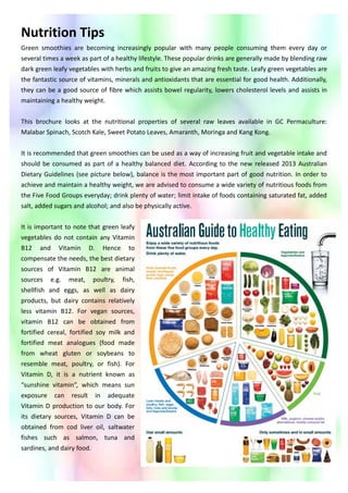 Nutrition Tips
Green smoothies are becoming increasingly popular with many people consuming them every day or
several times a week as part of a healthy lifestyle. These popular drinks are generally made by blending raw
dark green leafy vegetables with herbs and fruits to give an amazing fresh taste. Leafy green vegetables are
the fantastic source of vitamins, minerals and antioxidants that are essential for good health. Additionally,
they can be a good source of fibre which assists bowel regularity, lowers cholesterol levels and assists in
maintaining a healthy weight.
This brochure looks at the nutritional properties of several raw leaves available in GC Permaculture:
Malabar Spinach, Scotch Kale, Sweet Potato Leaves, Amaranth, Moringa and Kang Kong.
It is recommended that green smoothies can be used as a way of increasing fruit and vegetable intake and
should be consumed as part of a healthy balanced diet. According to the new released 2013 Australian
Dietary Guidelines (see picture below), balance is the most important part of good nutrition. In order to
achieve and maintain a healthy weight, we are advised to consume a wide variety of nutritious foods from
the Five Food Groups everyday; drink plenty of water; limit intake of foods containing saturated fat, added
salt, added sugars and alcohol; and also be physically active.
It is important to note that green leafy
vegetables do not contain any Vitamin
B12 and Vitamin D. Hence to
compensate the needs, the best dietary
sources of Vitamin B12 are animal
sources e.g. meat, poultry, fish,
shellfish and eggs, as well as dairy
products, but dairy contains relatively
less vitamin B12. For vegan sources,
vitamin B12 can be obtained from
fortified cereal, fortified soy milk and
fortified meat analogues (food made
from wheat gluten or soybeans to
resemble meat, poultry, or fish). For
Vitamin D, it is a nutrient known as
“sunshine vitamin”, which means sun
exposure can result in adequate
Vitamin D production to our body. For
its dietary sources, Vitamin D can be
obtained from cod liver oil, saltwater
fishes such as salmon, tuna and
sardines, and dairy food.
 