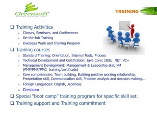 TRAINING
 Training Activities
 Classes, Seminars, and Conferences
 On-the-Job Training
 Overseas Work and Training Program
 Training courses
 Standard Training: Orientation, Internal Tools, Process
 Technical Development and Certification: Java Core; J2EE; .NET, VC+
 Management Development: Management & Leadership skill, PM
(PMP/PMF/PMC training/certificate)
 Core competencies: Team building, Building positive working relationship,
Presentation skill, Communication skill, Problem analysis and decision making,…
 Foreign Languages: English, Japanese.
 Crestcom
 Special “boot camp” training program for specific skill set.
 Training support and Training commitment
 