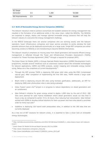 Green Solutions for Telecom Towers: Part I

DC Diesel
Generator

3.5

1,300

54,500

DG Improvements

2.5

900

39,000

2.3 Birth of Renewable Energy Service Companies (RESCOs)
The telecom industry’s need to achieve economical and scalable solutions for energy management has
resulted in the formation of an additional entity in the value chain, called the RESCOs. The RESCOs
are expected to design, deploy and manage optimal renewable energy solutions that will help the
telecom industry to overcome the energy management challenge.
In the RESCO landscape there are several companies who are working closely with the telecom
operators, tower infrastructure companies and tower service providers to jointly develop the best
possible solutions that can be deployed economically on a large scale. Single RET companies are either
becoming vendors to RESCOs or are transitioning to become RESCOs themselves.
The telecom industry’s emphasis on moving away from diesel generators and towards efficient energy
management is reflected through the Tower and Infrastructure Providers Association’s (TAIPA)
invitation for ‘Power Purchase Agreement’ (PPA)16 through a request for proposal (RFP).
The Green Power for Mobile (GPM), a Groupe Speciale Mobile Association (GSMA) Development Fund’s
programme, includes several initiatives such as awareness creation about the renewable technologies
for telecom applications, CAPEX and OPEX analysis, vendor mapping and renewable energy market
sizing. Below are a few snapshots of current developments17:


Through the RFP process TAIPA is deploying 500 green pilot sites using Bio-CNG (compressed
natural gas). After completion of implementing the first 500 sites, TAIPA intends a large scale
deployment



Bharti Airtel is deploying around 250 sites using biomass gasification, additionally, an RFP for
deploying 3000 solar photovoltaic sites is also being evaluated



Indus Towers’ green city18 project is in progress to reduce dependency on diesel generators and
air conditioners



Idea Cellular’s initiative for green energy aimed to deploy 1,000 sites by the end of 2012. 200
sites were planned for solar hybrid installation where diesel generators would run less than 5
hours a day as compared to earlier 15 to 16 hours, thus reducing fuel consumption. Idea Cellular
worked with GSMA to develop biofuel solutions for back-up power and have also placed a purchase
order for thirty fuel cells19



Vodafone is deploying 150 hybrid solar photovoltaic sites, in addition to the 390 sites that are
currently deployed

As a new era of RET solutions for telecom arises, it is essential to take a closer look at renewable
energy technologies.

16

http://articles.economictimes.indiatimes.com/2012-05-08/news/31626625_1_indus-towers-tower-arm-telecomtower)
17

Green Power for Mobile Bi-Annual Report January 2013 by GSMA

18

http://www.industowers.com/green_cities.php

19

http://www.fuelcelltoday.com/media/1713685/fct_review_2012.pdf

© 2013 Intelligent Energy Limited

6

 