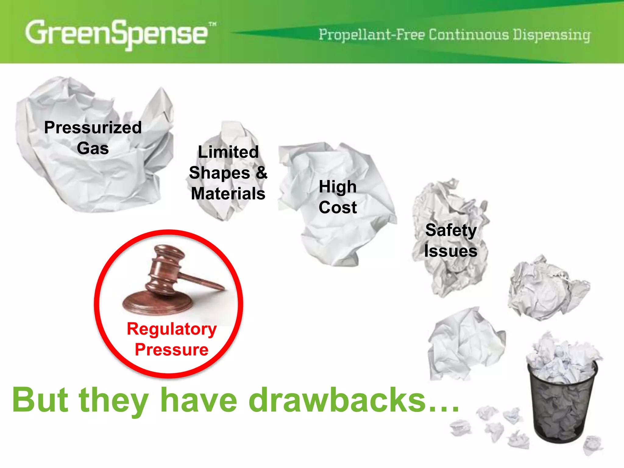 Pressurized 
Gas 
High 
Cost 
Safety 
Issues 
Limited 
Shapes & 
Materials 
Regulatory 
Pressure 
But they have drawbacks… 
 