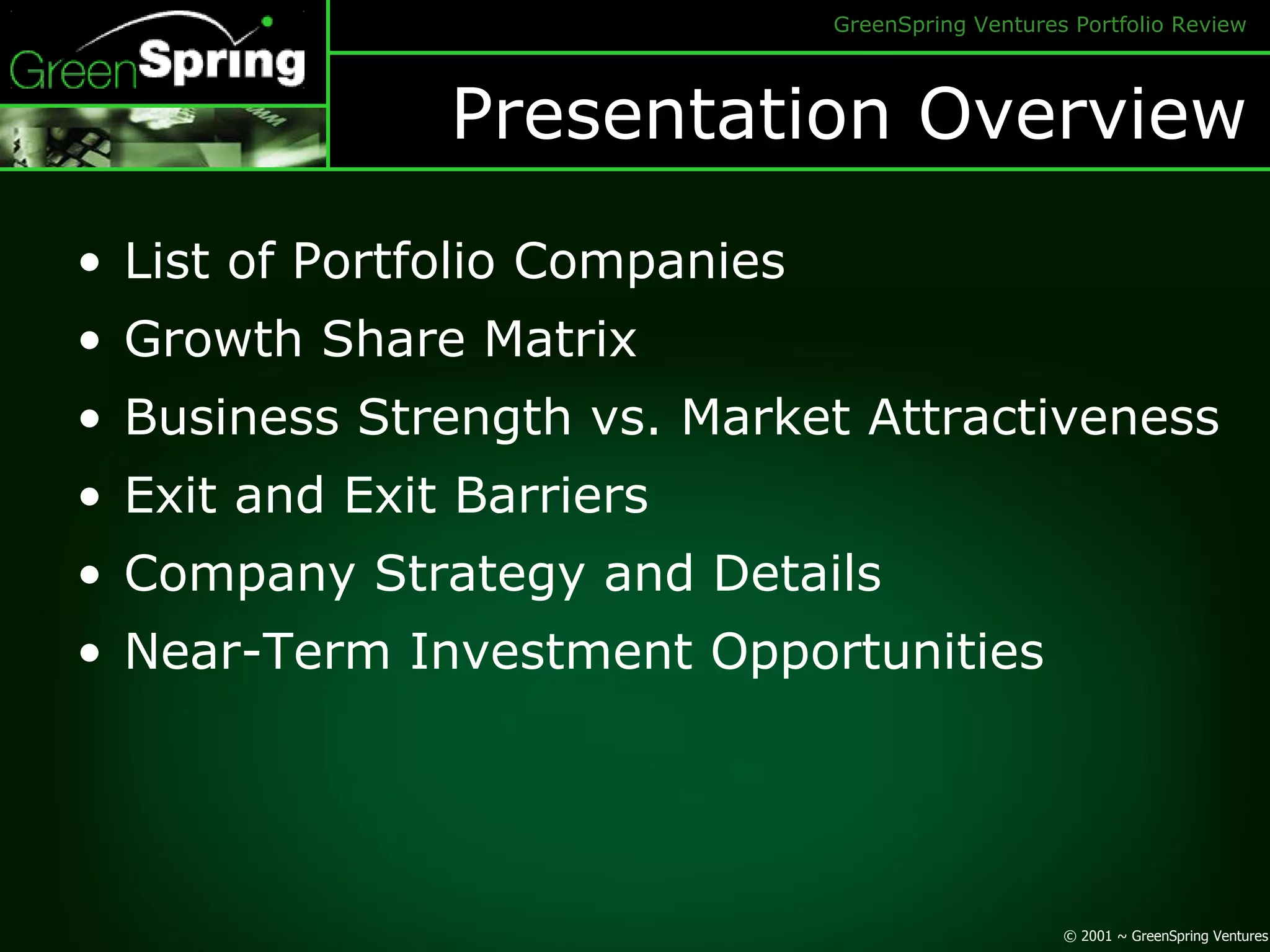 Presentation Overview List of Portfolio Companies Growth Share Matrix Business Strength vs. Market Attractiveness Exit and Exit Barriers Company Strategy and Details Near-Term Investment Opportunities 