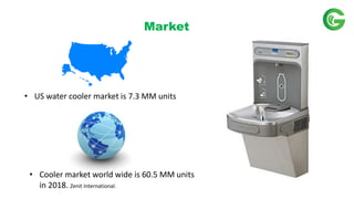 ? US water cooler market is 7.3 MM units
? Cooler market world wide is 60.5 MM units
in 2018. Zenit International.
Market
 