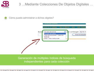 3 …Mediante Colecciones De Objetos Digitales …


Cómo puedo administrar a dichos objetos?




        Generación de múltiples índices de búsqueda
            independientes para cada colección
 