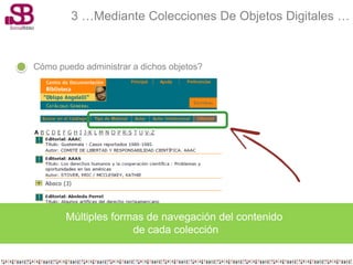 3 …Mediante Colecciones De Objetos Digitales …


Cómo puedo administrar a dichos objetos?




       Múltiples formas de navegación del contenido
                     de cada colección
 