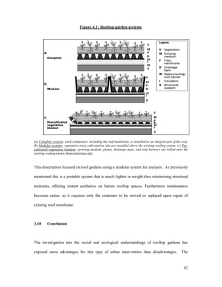 Figure 4.1: Rooftop garden systems




(a) Complete systems: each component, including the roof membrane, is installed as an integral part of the roof.
(b) Modular systems: vegetation trays cultivated ex situ are installed above the existing roofing system. (c) Pre-
cultivated vegetation blankets: growing medium, plants, drainage mats, and root barriers are rolled onto the
existing roofing (www.biosciencemag.org).



This dissertation focused on roof gardens using a modular system for analysis. As previously

mentioned this is a portable system that is much lighter in weight thus minimizing structural

restraints, offering instant aesthetics on barren rooftop spaces. Furthermore maintenance

becomes easier, as it requires only the container to be moved or replaced upon repair of

existing roof membrane.



3.10     Conclusion



The investigation into the social and ecological understandings of rooftop gardens has

exposed more advantages for this type of urban intervention than disadvantages.                              The


                                                                                                              42
 