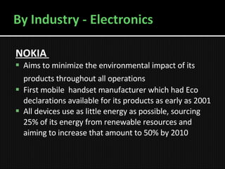 NOKIA   Aims to minimize the environmental impact of its products throughout all operations   First mobile  handset manufacturer which had Eco declarations available for its products as early as 2001   All devices use as little energy as possible, sourcing 25% of its energy from renewable resources and aiming to increase that amount to 50% by 2010 