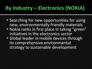 By Industry – Electronics (NOKIA) Searching for new opportunities for using new, environmentally friendly materials Nokia ranks in first place in taking “green” initiatives in the electronics sector   Global leader in mobile devices through its comprehensive environmental strategy to sustainable development 