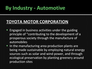 TOYOTA MOTOR CORPORATION   Engaged in business activities under the guiding principle of “contributing to the development of a prosperous society through the manufacture of automobiles  In the manufacturing area production plants are being made sustainable by employing natural energy sources such as solar and wind power, and through ecological preservation by planting greenery around production sites 