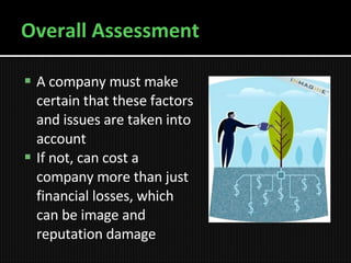 Overall Assessment A company must make certain that these factors and issues are taken into account If not, can cost a company more than just financial losses, which can be image and reputation damage 