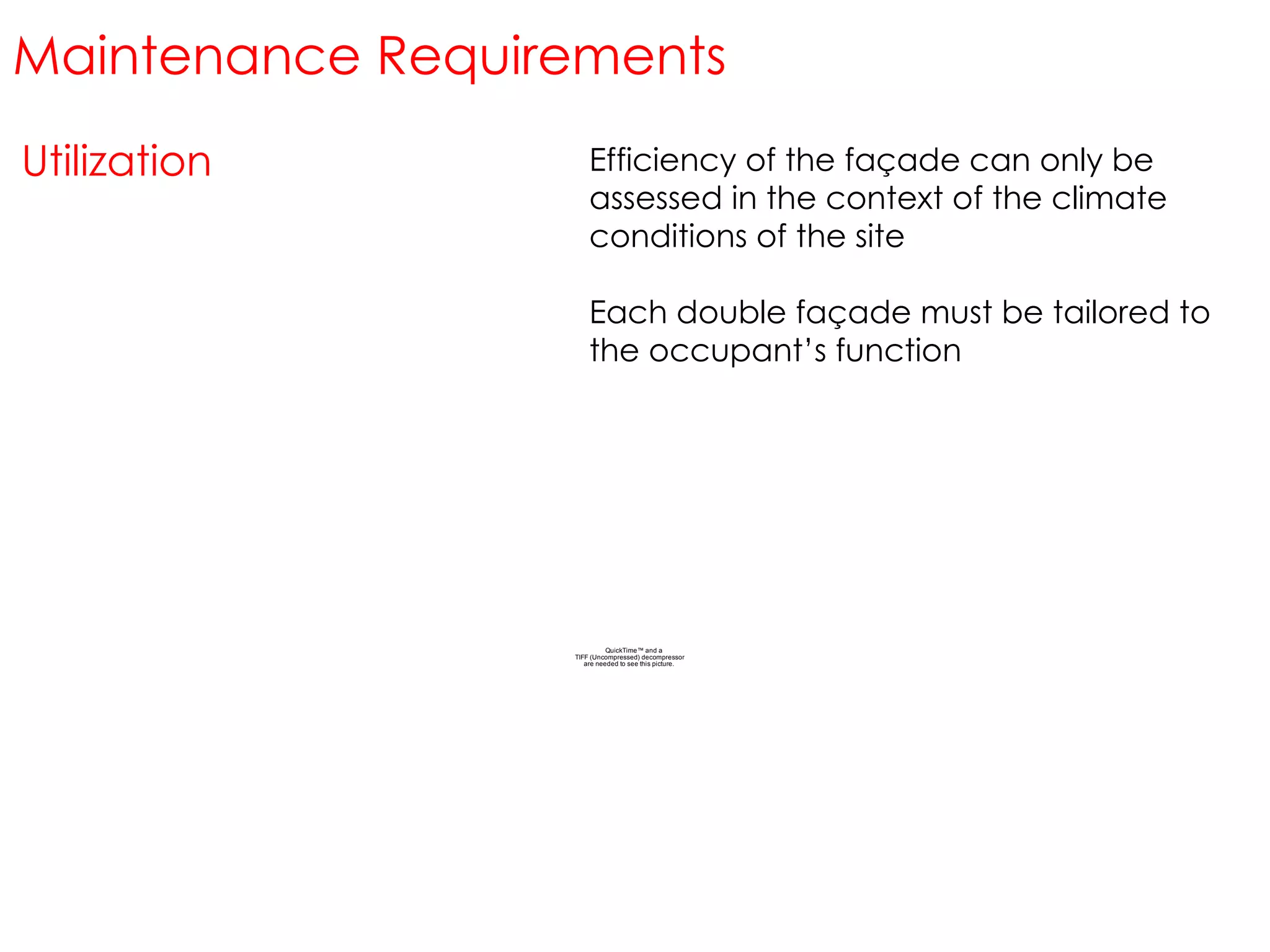 Utilization Maintenance Requirements Efficiency of the façade can only be assessed in the context of the climate conditions of the site Each double façade must be tailored to the occupant’s function 