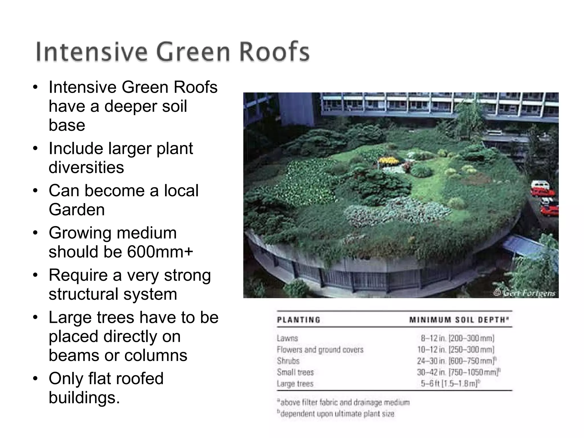 Intensive Green Roofs have a deeper soil base Include larger plant diversities Can become a local Garden Growing medium should be 600mm+ Require a very strong structural system Large trees have to be placed directly on beams or columns Only flat roofed buildings. 