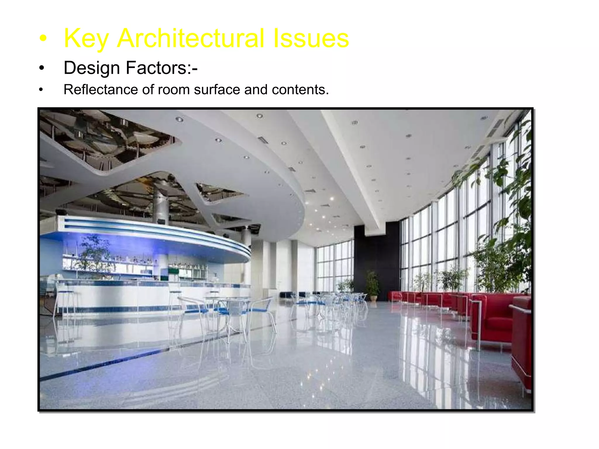 Key Architectural Issues Design Factors:- Reflectance of room surface and contents. 