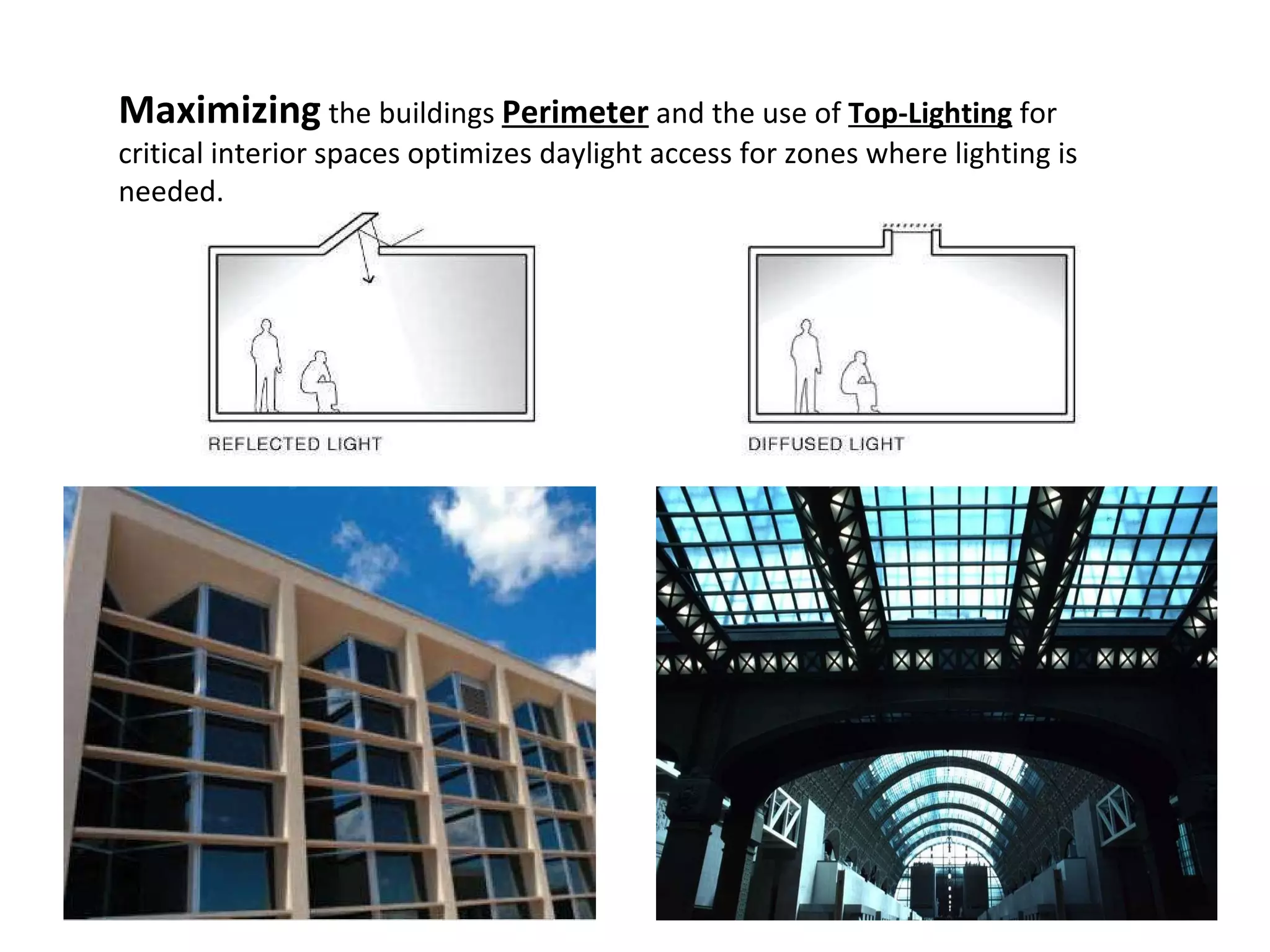 Maximizing  the buildings  Perimeter  and the use of  Top-Lighting  for critical interior spaces optimizes daylight access for zones where lighting is needed. 