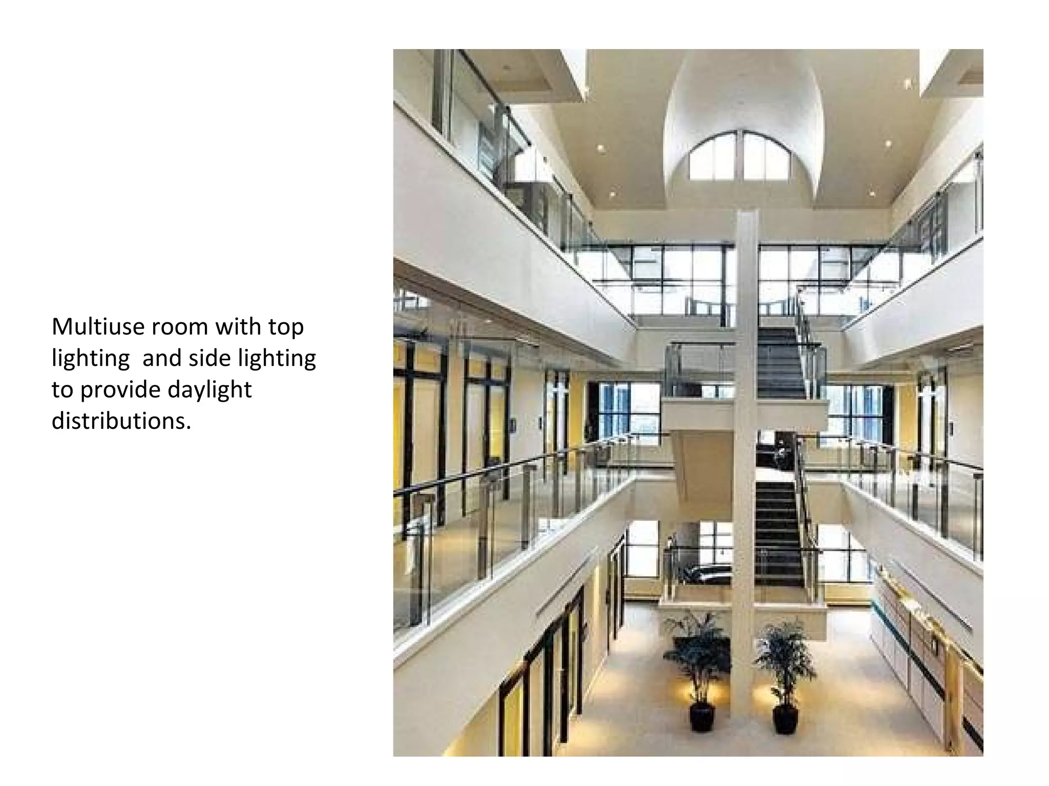 Multiuse room with top lighting  and side lighting to provide daylight distributions. 