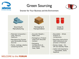 Green Sourcing
                      Smarter for Your Business and the Environment




           Sourcing &                    Packaging &                 Usage &
          Manufacturing                 Transportation               Disposal


      – Materials Composition –      – Accurate Weights –     – Recyclable – Whole
        Lead, Mercury,                 Pallet Level             Product or
        Cadmium                                                 Components
                                     – Packaging or Product
      – Manufacturing Process          made from Recycled     – Recycling Instructions
        uses Renewable Energy          Content                  Well Understood and
        Sources                                                 process is Practical
                                     – Packaging
      – Paints, coatings, plastics     Configurations &       – Energy Usage – On,
        containing SCCPs               Dimensions – SKU,        Off and Standby Mode
                                       Case, Pallet
                                                              – Useful Life Expectancy
                                                                – Upgradable, Easily
                                                                Repaired


WELCOME to the FORUM
 