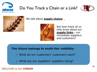 Do You Track a Chain or a Link?

                We talk about supply chains….


                                      But how many of us
                                      only know about our
                                      supply links – our
                                      immediate suppliers
                                      and customers?



      The future belongs to multi-tier visibility:

         • What do our customers’ customers want?

         • What are our suppliers’ suppliers doing?
                                                            19
WELCOME to the FORUM
 
