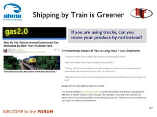 Shipping by Train is Greener

                       If you are using trucks, can you
                       move your produce by rail instead?




                                                            27
WELCOME to the FORUM
 