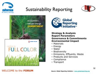 Sustainability Reporting



                            Strategy & Analysis
                            Report Parameters
                            Governance & Commitments
                            Environmental Impact
                            • Materials
                            • Energy
                            • Water
                            • Biodiversity
                            • Emissions, Effluents, Waste
                            • Products and Services
                            • Compliance
                            • Transport

                                                                                            32
WELCOME to the FORUM        Source: Global Reporting Initiative – www.globalreporting.org
 