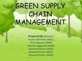 GREEN SUPPLY
CHAIN
MANAGEMENT
Prepared By: Group 5
Kumar Abhishek (A001)
Prity Agarwal (A004)
Deeksha Aggarwal (A006)
Govind Krishnan (A030)
Mayank Kumar (A031)
Apoorva Parikh (A043)
 