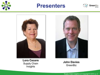 Presenters




Lora Cecere
Supply Chain
                   John Davies
                       GreenBiz
  Insights

                   Supply Chain Insights LLC Copyright © 2013, p. 2
 