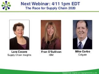 Next Webinar: 4/11 1pm EDT
               The Race for Supply Chain 2020




   Lora Cecere          Fran O’Sullivan                     Mike Corbo
Supply Chain Insights        IBM                                Colgate




                                          Supply Chain Insights LLC Copyright © 2013, p. 29
 