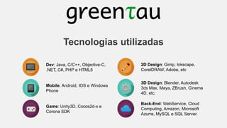 Tecnologias utilizadas
Dev: Java, C/C++, Objective-C,
.NET, C#, PHP e HTML5

2D Design: Gimp, Inkscape,
CorelDRAW, Adobe, etc

Mobile: Android, IOS e Windows
Phone

3D Design: Blender, Autodesk
3ds Max, Maya, ZBrush, Cinema
4D, etc.

Game: Unity3D, Cocos2d-x e
Corona SDK

Back-End: WebService, Cloud
Computing, Amazon, Microsoft
Azurre, MySQL e SQL Server.

 