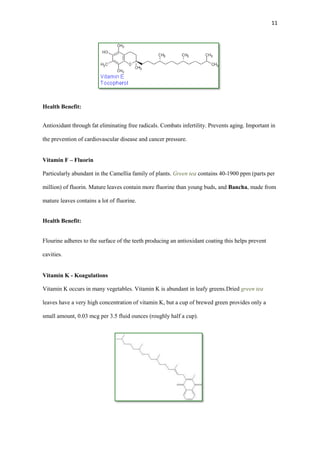 11

Health Benefit:
Antioxidant through fat eliminating free radicals. Combats infertility. Prevents aging. Important in
the prevention of cardiovascular disease and cancer pressure.
Vitamin F – Fluorin
Particularly abundant in the Camellia family of plants. Green tea contains 40-1900 ppm (parts per
million) of fluorin. Mature leaves contain more fluorine than young buds, and Bancha, made from
mature leaves contains a lot of fluorine.

Health Benefit:
Flourine adheres to the surface of the teeth producing an antioxidant coating this helps prevent
cavities.

Vitamin K - Koagulations
Vitamin K occurs in many vegetables. Vitamin K is abundant in leafy greens.Dried green tea
leaves have a very high concentration of vitamin K, but a cup of brewed green provides only a
small amount, 0.03 mcg per 3.5 fluid ounces (roughly half a cup).

 