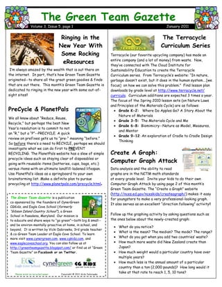 6501501-26142-146700-38100The Green Team Gazette<br />,[object Object],The Green Team Gazette is a publication co-sponsored by the founders of CynerGreenCGKidz, and Eagle Cove School (formerly “Gibson Island Country School”), a Green School in Pasadena, Maryland. Our mission is to educate and share ways to “go green”—both big & small--and be environ-mentally-proactive at home, in school, and beyond.  It is written by Vicki Dabrowka, 3rd grade teacher & co-Green Team Leader at Eagle Cove School. To learn more visit www.cynergreen.com, www.cgkidz.com, and www.eaglecoveschool.org. You can also follow us at http://greenteamgazette.blogspot.com/ or find us at “Green Team Gazette” on Facebook or on Twitter.Please print on recycled paper.                 Copyright © 2011 Vicki Dabrowka<br />6440805-19050-146700-38100The Green Team Gazette<br />CountryAmount of Waste per year in Pounds for Average PersonAustralia1,521Canada1,102France1,301Germany1,204Iceland1,433Ireland1,235Italy1,014Japan882Mexico683New Zealand1,400Norway1,322Poland705South Korea882Sweden794Switzerland1,322Turkey728United Kingdom1,058United States1,587Data from http://www.nationmaster.com/graph/env_was_gen-environment-waste-generation for the year 2000, converted from kilograms to pounds.Included in this list are the top 5 ranking WASTEFUL countries in the world.Can you find them?Image you will see when you get to the “Create A Graph” website.Computer Graph Attack:  Graphing Waste Per Pound, Per Person, Per CountryDirections:  Use the chart below and the list of instructions below to makea computerized graph of the average amount of waste (measured in pounds), per person, per year, for each country. Spelling Counts!  Pay attention and don’t forget to follow the directions carefully!!1.  Go to www.google.com and type in “create a graph” in the search bar.     Click the “nces” link (which is probably the first one) or go to http://nces.ed.gov/nceskids/createagraph/.2.  Choose “Bar” graph.3.  In the “Design” Tab:a.  Pick “Vertical” as the direction.b.  Pick any shape.c.  For style, change nothing.4.  Click the “Data” Tab: a.  Title your graph “Annual Household Waste Per Person, Per Country ”b.  For the “X Axis,” type in “Countries”c.  For the “Y Axis,” type in “Pounds of Waste”d.  For “Source,” type in “by __________” (your name)e.  For “Data Set,” select “18” items.  Do not change the number of groups.f.  For “Group Label,” type in “number of pounds of waste per person.”g.  Under “Item Label,” write in the names of each of the countries from the list.h.  Under “Value” write in the household waste in pounds per country using the chart.i.  For “Min-Value” write in “0.”j.  For “Max-Value” type in “2000.”k.  Choose colors for bars.5.  Click on the “Labels” Tab:a.  For “Show Label” type “yes.”b.  Change only “Label color” to the color of your choice.  Change nothing else in the top box.c.  For “Font,” pick a font in the first column only (the other ones don’t always work well.)d.  Pick a font color….do not change the font size.6.  Click the “Preview” tab.7. Have your teacher view your graph before you print.8.  Click the “Print/Save” tab.a.  Click “Print.”b.  In the next window, click “print.”c.  Find the “print” icon and click.d.  Find where it asks you how many copies you want.  Ask your teacher how many copies you shouldprint, type in that number, then click “print.”e.  Voila!  Mission Completion!!9.  Study your graph.  What do you notice?  How much more waste does the US make per person thanthe least wasteful country on this graph? Copyright © 2011 Vicki Dabrowka                     Volume 3, Issue 5, page 2                                                                                      January 2011<br />