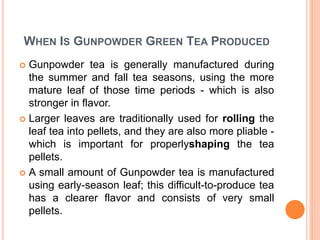 WHEN IS GUNPOWDER GREEN TEA PRODUCED
 Gunpowder tea is generally manufactured during
the summer and fall tea seasons, using the more
mature leaf of those time periods - which is also
stronger in flavor.
 Larger leaves are traditionally used for rolling the
leaf tea into pellets, and they are also more pliable -
which is important for properlyshaping the tea
pellets.
 A small amount of Gunpowder tea is manufactured
using early-season leaf; this difficult-to-produce tea
has a clearer flavor and consists of very small
pellets.
 