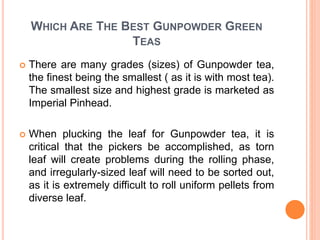 WHICH ARE THE BEST GUNPOWDER GREEN
TEAS
 There are many grades (sizes) of Gunpowder tea,
the finest being the smallest ( as it is with most tea).
The smallest size and highest grade is marketed as
Imperial Pinhead.
 When plucking the leaf for Gunpowder tea, it is
critical that the pickers be accomplished, as torn
leaf will create problems during the rolling phase,
and irregularly-sized leaf will need to be sorted out,
as it is extremely difficult to roll uniform pellets from
diverse leaf.
 