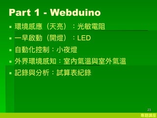 }v
23
Part 1 - Webduino
? hБ
? ?熢ӣ_LED
? ?ӻƣ?ҹ
? h֪҃Țc
? ӛcԇo
 