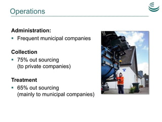 Operations
Administration:
 Frequent municipal companies
Collection
 75% out sourcing
(to private companies)
Treatment
...