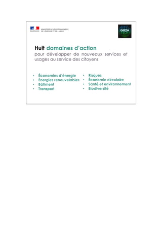 Huit domaines d’action
pour développer de nouveaux services et
usages au service des citoyens
• Économies d’énergie
• Énergies renouvelables
• Bâtiment
• Transport
• Risques
• Économie circulaire
• Santé et environnement
• Biodiversité
 