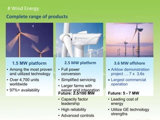 # Wind Energy
Complete range of products
 Arklow demonstration
project … 7 x 3.6s
 Largest commercial
operation
1.5 MW platform
• Full power
conversion
• Simplified servicing
• Larger farms with
easier grid integration
Future: 2.5/100 MW
• Capacity factor
leadership
• High reliability
• Advanced controls
Future: 5 - 7 MW
• Leading cost of
energy
• Utilize GE technology
strengths
• Among the most proven
and utilized technology
• Over 4,700 units
worldwide
• 97%+ availability
2.5 MW platform 3.6 MW offshore
 