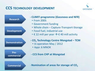 CCS TECHNOLOGY DEVELOPMENT

                - CLIMIT-programme (Gassnova and NFR)
  Research
                  • From 2005
                  • Government funding
                  • Whole chain – Capture-Transport-Storage
Development       • Fossil fuel, industrial use
                  • € 22 mill per year  € 40 mill activity

                - CO2 Technology Centre Mongstad – TCM
Demonstration
                  • In operation May / 2012
                  • Appr. 6 MNOK
    Pre-
 commercial     - CCS from CHP at Mongstad


 Commercial     -Nomination of areas for storage of CO2
 