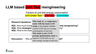 LLM based Unit Test reengineering
Research Questions
RQ1. How much energy can be saved by LLM-based test reengineering?
RQ2. What strategies do LLMs attempt in reengineering?
RQ3. What is the impact on code coverage?
Factors of unit test energy consumption
Unit Under Test + Unit Test + Enviroment
Discussion: 💡 Why does reengineering succeed or fail?
This study is: an exploratory
study with the basic LLM
setup to investigate whether
current LLM can save energy
consumption of unit test.
This study is not: LLM
prompt optimization study to
improve LLM until we see
clear energy saving of unit test.
 