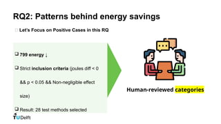 RQ2: Patterns behind energy savings
 799 energy ↓
 Strict inclusion criteria (joules diff < 0
&& p < 0.05 && Non-negligible effect
size)
 Result: 28 test methods selected
✅ Let’s Focus on Positive Cases in this RQ
Human-reviewed categories
 