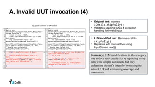 A. Invalid UUT invocation (4)
• Original test: Invokes
IOUtils.skipFully()
• Validates skipping bytes & exception
handling for invalid input
• LLM-modified test: Removes call to
skipFully()
• Replaces with manual loop using
InputStream.read()
Summary: LLM modifications in this category
may reduce test complexity by replacing utility
calls with simpler constructs, but they
undermine the test’s intent by bypassing the
actual UUT and weakening coverage and
correctness.
 
